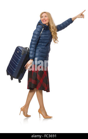 Hübschen weiblichen Modell in blauer Jacke isoliert auf weiss Stockfoto