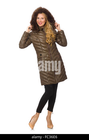 Hübsche Frau in Winterkleidung isoliert auf weiss Stockfoto