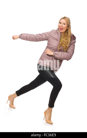 Hübsches Mädchen im Winterjacke isoliert auf weiss Stockfoto