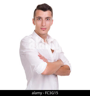 Denkenden Menschen isoliert auf weißem Hintergrund. Closeup Portrait eines lässigen jungen nachdenklich Geschäftsmann Stockfoto