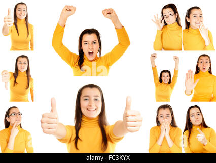 Frau verschiedene Gesten collage isolierten auf weißen Hintergrund Stockfoto