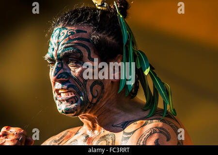 Nahaufnahme eines wilden Mannes Gesicht gemalt mit Kriegsbemalung, Maori Darsteller tun die Haka (Kriegstanz) in Melbourne Festival, Australien Stockfoto