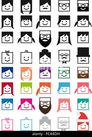 quadratische flache Icon-Set, Hipster Menschen, Benutzer Avatar, Teams oder Familie, Vektor Stock Vektor
