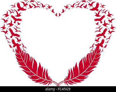 Rotes Herz mit Federn und fliegende Vögel, Vector Illustration für den Valentinstag Stock Vektor