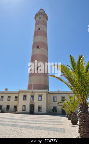 Aveiro Leuchtturm in Praia da Barra, Ilhavo an der Atlantikküste der Region Aveiro, Portugal. Stockfoto