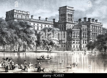 Das westliche Ende des Foreign and Commonwealth Office Gebäude im Jahre 1880, mit Blick auf St. James Park, London, England Stockfoto