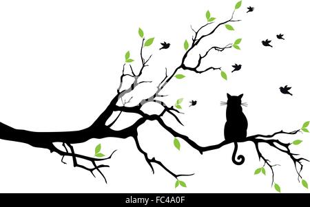 Schwarze Katze auf Baum, Vögel beobachten, Vektor, Abbildung Stock Vektor