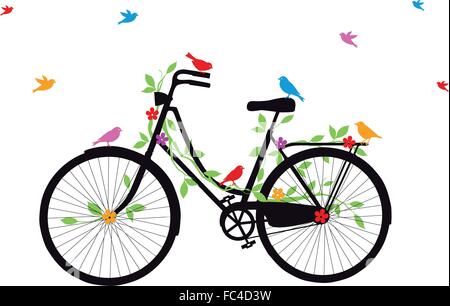 Oldtimer Fahrrad mit Vögel, Blätter und Blumen, Vektor-illustration Stock Vektor