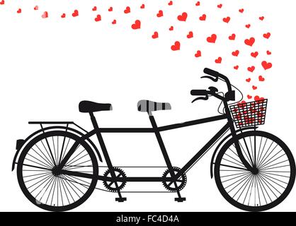 Tandem-Fahrrad mit fliegenden roten Herzen, Vektor-Illustration für Valentinstag, Hochzeit Stock Vektor