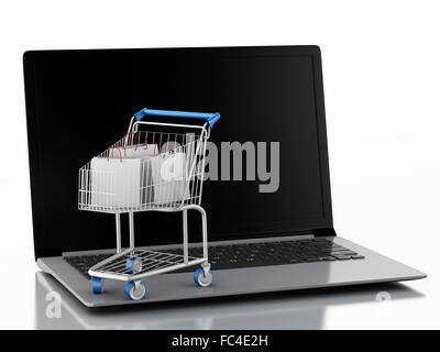 3D Warenkorb auf Laptop. e-Commerce Konzept Stockfoto