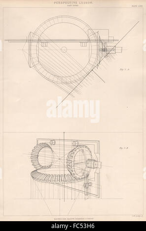 VIKTORIANISCHE ENGINEERING ZEICHNUNG. Perspektive-Lektion. Dritter Teil, alten Drucken 1876 Stockfoto