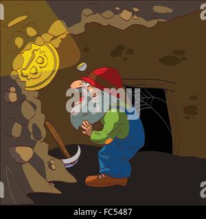 Vektor-Illustration eines Bergmanns, finden einen Bitcoin beim Graben. Stock Vektor