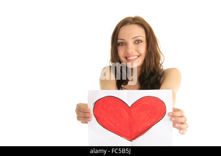 Junge Frau mit einem gemalten Herzen Stockfoto