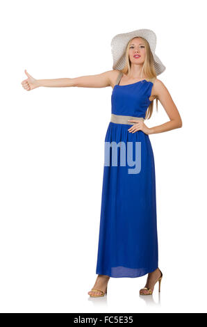 Schöne Frau im langen blauen Kleid isoliert auf weiss Stockfoto