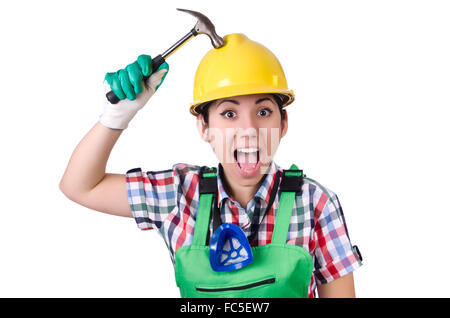 Arbeitnehmerin mit Hammer isoliert auf weiss Stockfoto