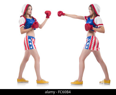 Boxerinnen in Uniform mit US-Symbole isoliert auf weiss Stockfoto