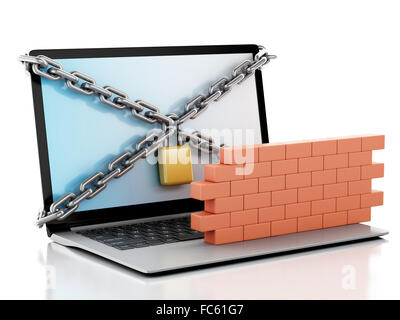 3D Laptop mit Schloss und Ziegel Wand Stockfoto