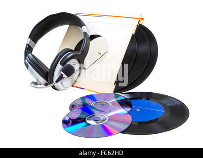 Kopfhörer, Vinyl-Schallplatten, CDs, Stockfoto