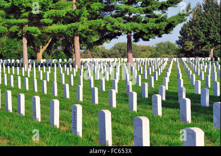 Zeilen von Markierungen, die letzte Ruhestätte für Soldaten im Camp Butler National Cemetery in Springfield, Illinois, USA definieren. Stockfoto