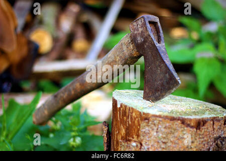 Alten Axt stecken in einem Baumstumpf Stockfoto