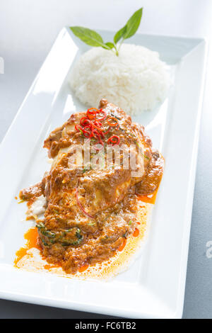 Rotes Curry Huhn mit Reis Stockfoto