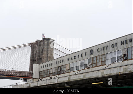 Die neue Marktgebäude, die 1939 im Zuge der Fulton Fischmarkt eröffnet wurde, steht in der Nähe der Brooklyn Bridge. Stockfoto