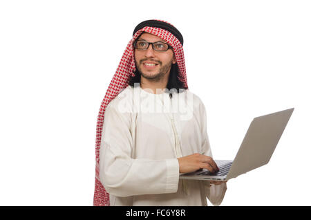 Arabische Mann mit Laptop isoliert auf weiss Stockfoto