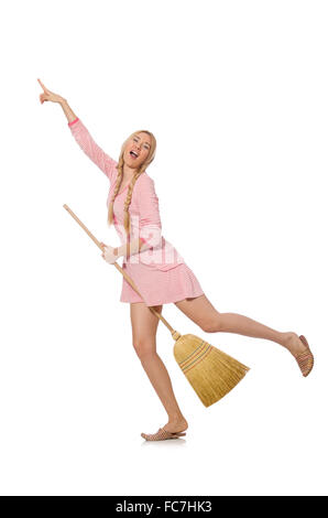 Hausfrau macht home Reinigung isoliert auf weiss Stockfoto