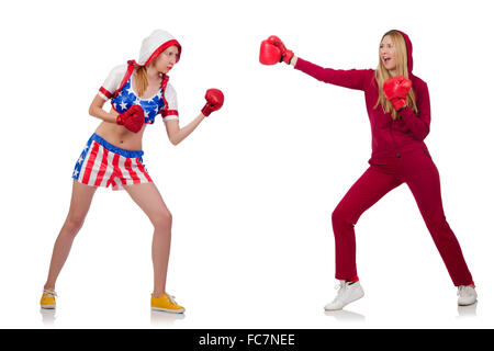 Frau Boxer isoliert auf dem weißen Stockfoto