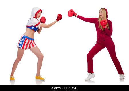 Frau Boxer isoliert auf dem weißen Stockfoto