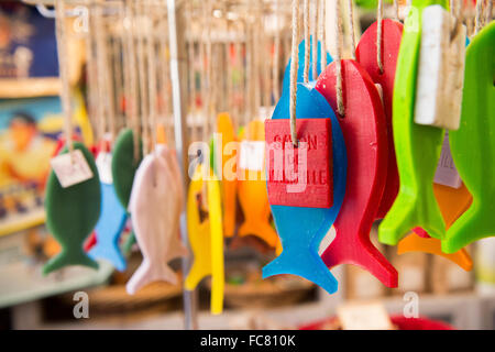 Bunte Seifen geformt wie Fische auf dem Display auf 72 % Petanque, einen Seifenladen befindet sich im Stadtteil Panier von Marseille. Stockfoto