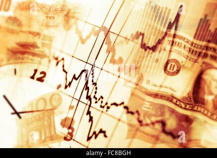 Diagramme, Notizen in verschiedenen Währungen und eine Uhr als Symbol für die Veränderungen in den Märkten. Stockfoto