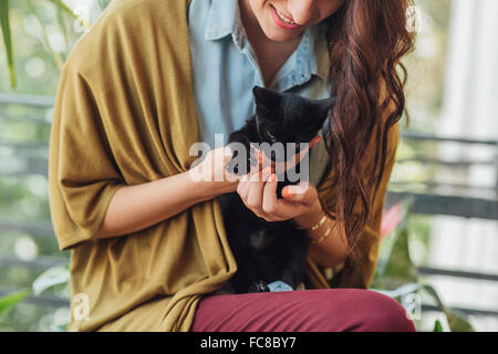 Kaukasische Frau Holding Kätzchen Stockfoto