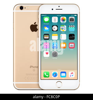 Varna, Bulgarien - 24. Oktober 2015: Vorderansicht der Gold Apple iPhone 6 s mit iOS 9 mobile operating System und Rückseite Stockfoto