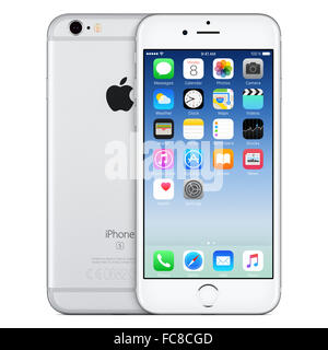 Varna, Bulgarien - 24. Oktober 2015: Vorderansicht des silbernen Apfel iPhone 6 s mit iOS 9 mobile operating System und Rückseite Stockfoto