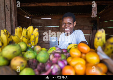 Verkauf von Obst auf der Straße, Jinja, Uganda, Afrika. Stockfoto