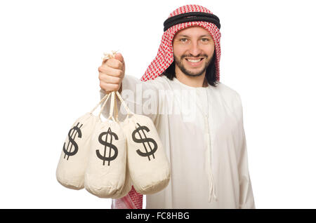 Arabische Geschäftsmann mit Säcken Geld Stockfoto