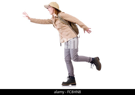 Frau mit Safari Hut auf weiß Stockfoto