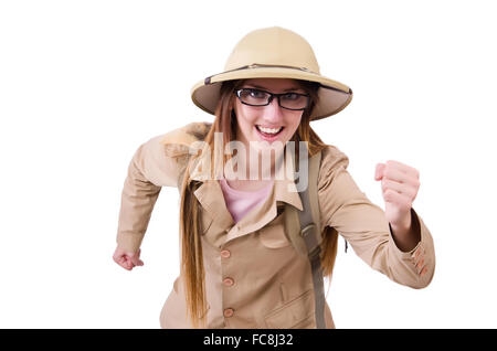 Frau mit Safari Hut auf weiß Stockfoto