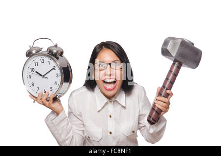 Frau in Funny Business-Konzept auf weiß Stockfoto