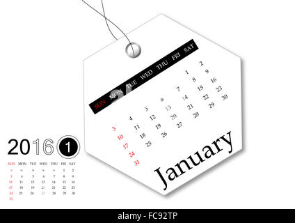 Januar 2016 - Kalender-Serie für Tag design Stockfoto