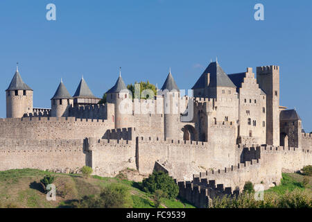 La Cite, mittelalterliche Festungsstadt Carcassonne, UNESCO-Weltkulturerbe, Languedoc-Roussillon, Frankreich, Europa Stockfoto