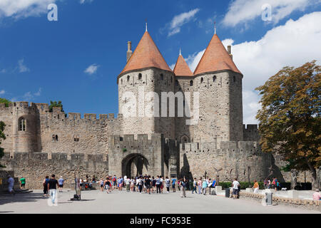 La Cite, mittelalterliche Festungsstadt Carcassonne, UNESCO-Weltkulturerbe, Languedoc-Roussillon, Frankreich, Europa Stockfoto