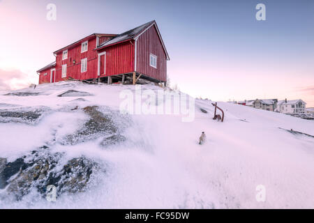 Rosa Himmel auf dem typischen roten Haus der Fischer (Rorbu), Henningsvær, Lofoten-Inseln, Arktis, Nord-Norwegen, Skandinavien Stockfoto