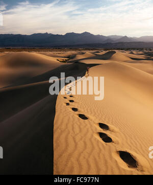 Mann zu Fuß durch Mesquite Sand Dunes in der Morgendämmerung, Death Valley Nationalpark, Kalifornien, Vereinigte Staaten von Amerika Stockfoto