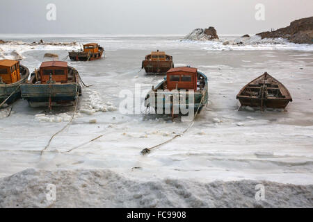 Qinhuangdao. 21. Januar 2016. Foto aufgenommen am 21. Januar 2016 zeigt Angelboote/Fischerboote von Meereis in dem Seegebiet in Qinhuangdao, eine Hafenstadt im Nordchinas Provinz Hebei eingefroren. Meereis entlang Bohai-Meer und gelben Meer konnte aufgrund einer starken Kaltfront weiter ausbauen. North China Sea Marine Prognose Mitte der ozeanischen Staatsverwaltung Warnung eine Meer Eisblau für Liaodong-Bucht am Donnerstag. Bildnachweis: Yang Shiyao/Xinhua/Alamy Live-Nachrichten Stockfoto