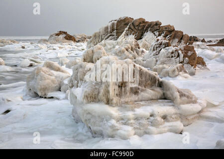 Qinhuangdao. 21. Januar 2016. Foto aufgenommen am 21. Januar 2016 zeigt Meereis in dem Seegebiet in Qinhuangdao, eine Hafenstadt im Nordchinas Provinz Hebei. Meereis entlang Bohai-Meer und gelben Meer konnte aufgrund einer starken Kaltfront weiter ausbauen. North China Sea Marine Prognose Mitte der ozeanischen Staatsverwaltung Warnung eine Meer Eisblau für Liaodong-Bucht am Donnerstag. Bildnachweis: Yang Shiyao/Xinhua/Alamy Live-Nachrichten Stockfoto