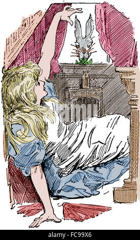 Aventures von Alice im Wunderland von Lewis Carrol (1832-1898). Szene. Gravur. Farbe. Stockfoto