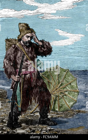 Robinson Crusoe. Roman von Daniel Defoe, 1719. Gravur. Farbe. Robinson Crusoe am Strand. Fußabdruck. Stockfoto