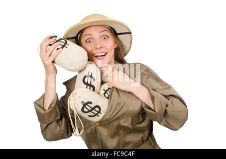 Frau mit Safari Hut auf weiß Stockfoto